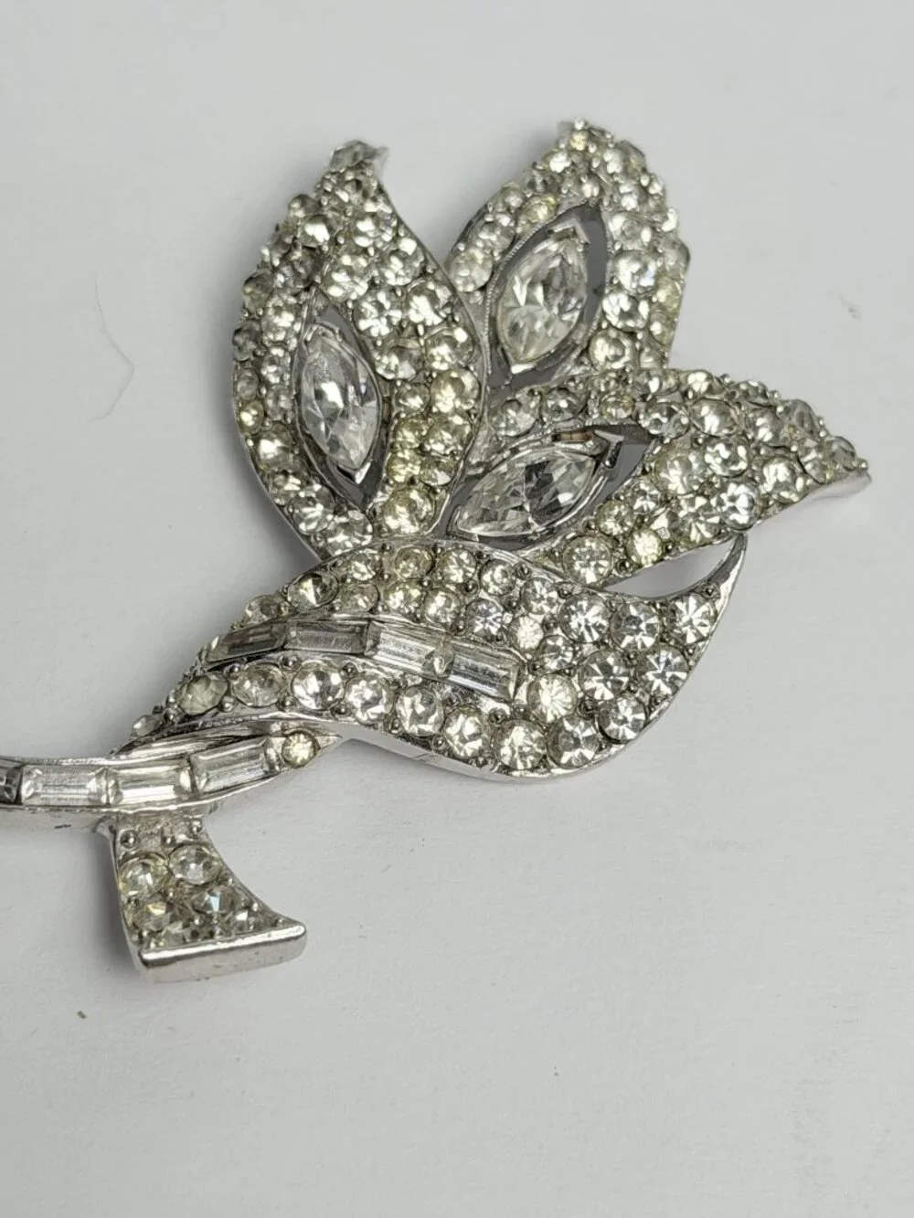 Vintage PELL Rhinestone Floral Spray Brooch 3in Silver Tone Baguette Marquise